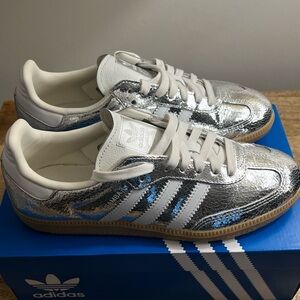 adidas Womens Metallic Silver Samba OG Sneakers with Gum Sole